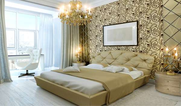 Geometric Wallpaper Golden and White Bedroom